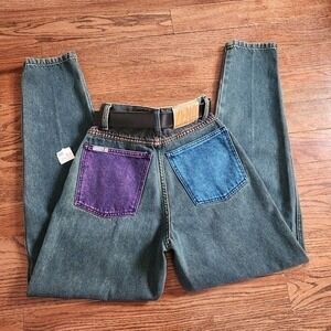 Deadstock Zena Jeans Tapered High Waisted Womens 24 Blue Vintage 90s Colorblock